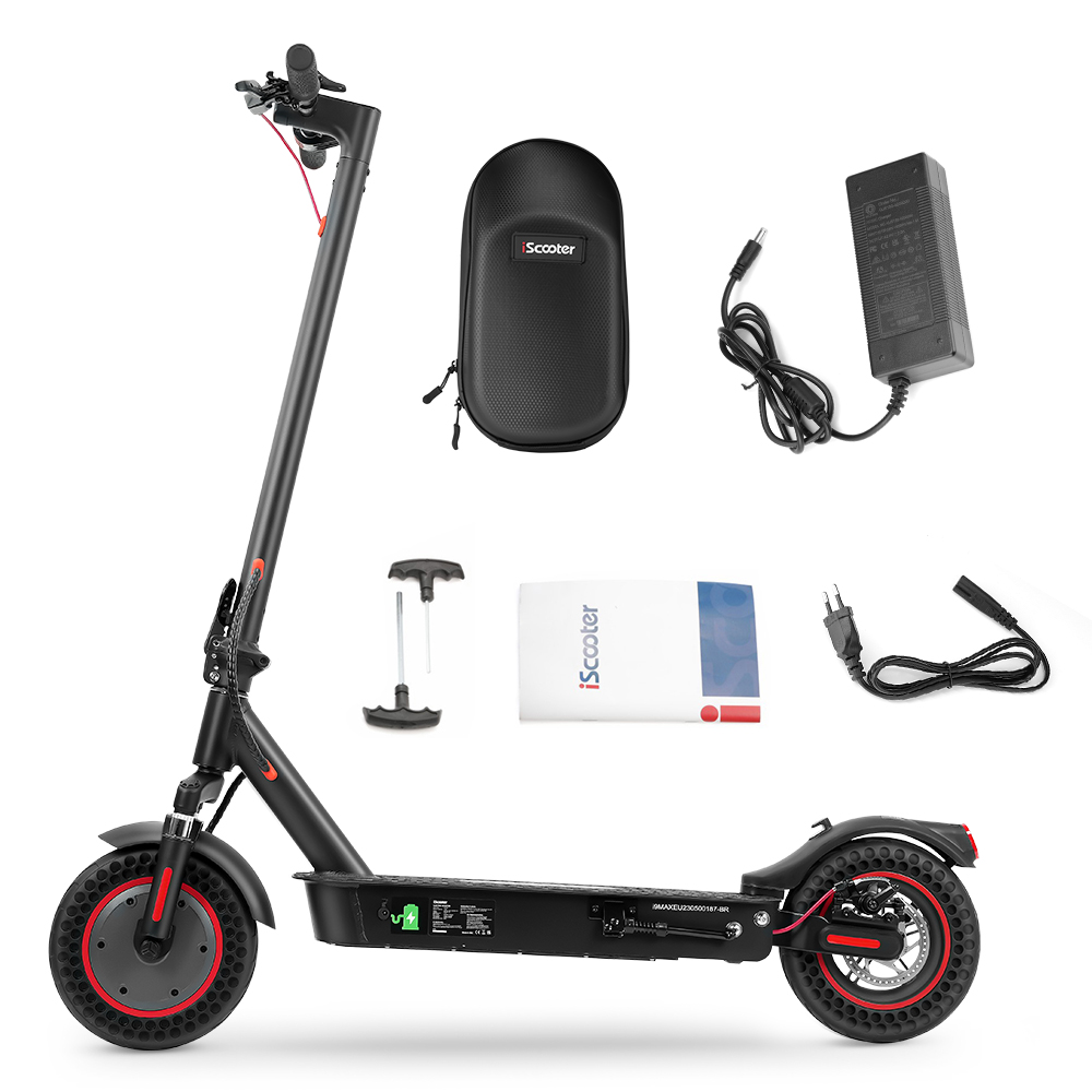 Scooter elettrico nero con accessori: caricabatterie, custodia, attrezzi e manuale.