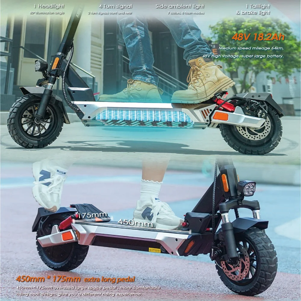 Due immagini che mostrano uno scooter nero con luci a LED. Uno mostra lo scooter in uso. L'altro mostra le luci.