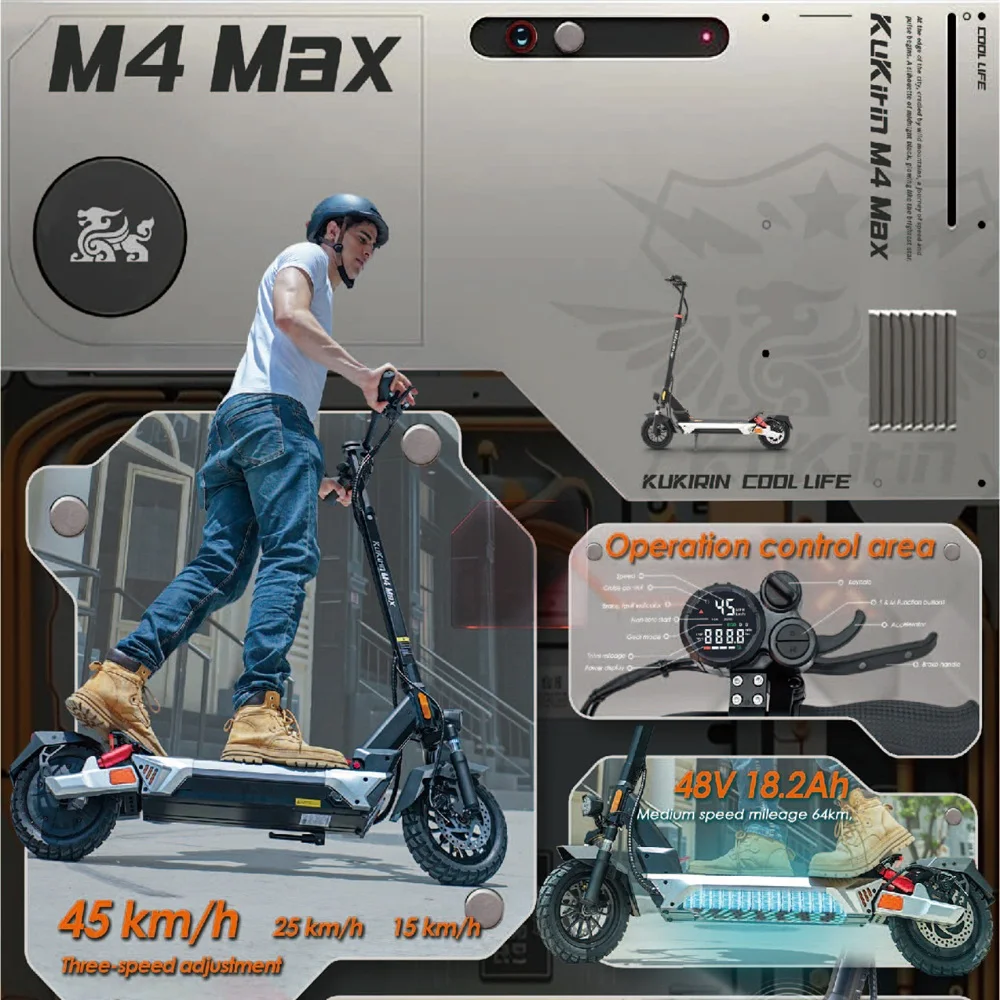 Una persona che guida uno scooter nero. Un'infografica mostra le caratteristiche dello scooter: velocità, batteria e motore.