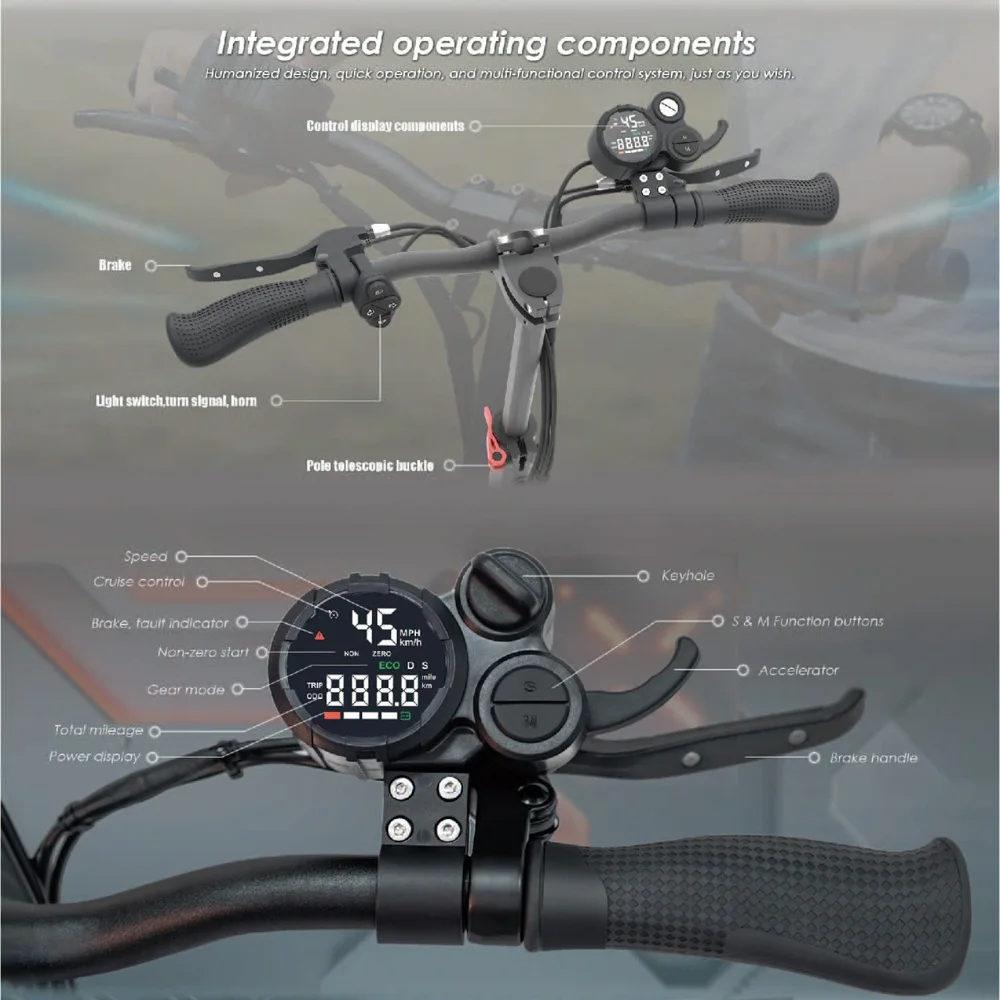 Primo piano del manubrio di uno scooter nero. I dettagli includono display, leve dei freni e pulsanti di controllo.