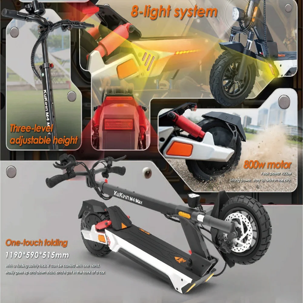 Diagramma di uno scooter nero che mostra altezza regolabile, piegatura e motore da 800 W. Sono inclusi i dettagli delle luci.