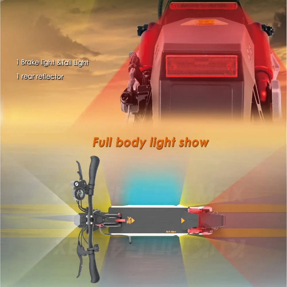 Uno scooter nero con luci posteriori e un catarifrangente. L'immagine si concentra sullo spettacolo di luci a corpo intero.