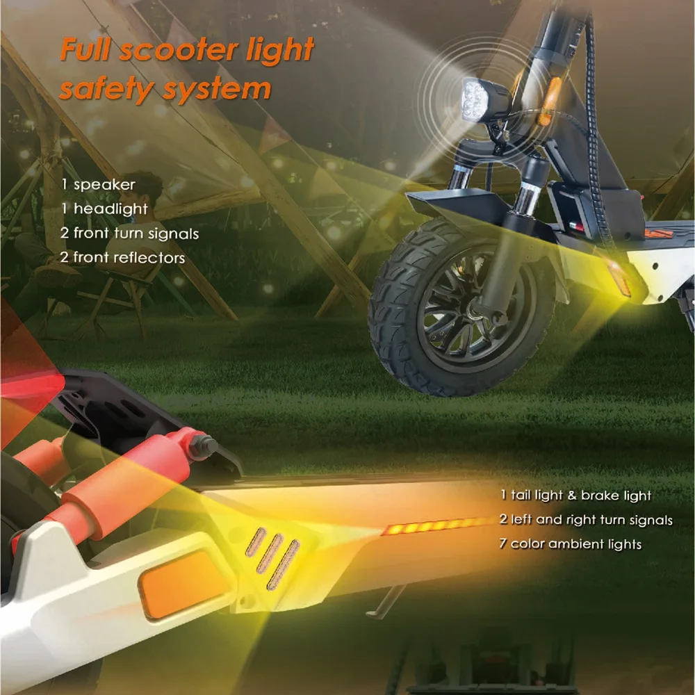 Uno scooter nero con luci, tra cui un altoparlante, un faro e indicatori di direzione. L'immagine evidenzia la sicurezza.