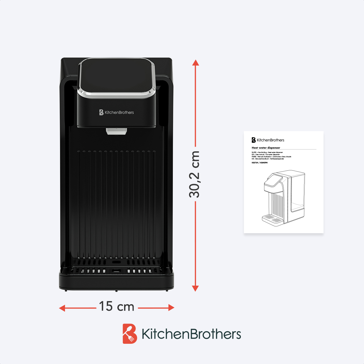 Zwarte KitchenBrothers dispenser met 30,2 cm hoogte en 15 cm breedte, naast een productblad.