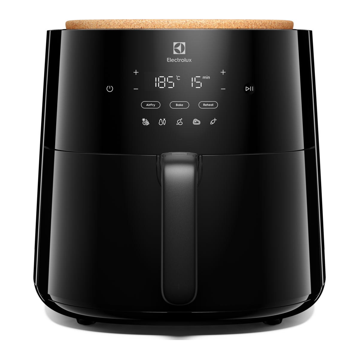 Czarny frytkownica beztłuszczowa Electrolux z korkowym blatem i cyfrowym wyświetlaczem pokazującym ustawienia.