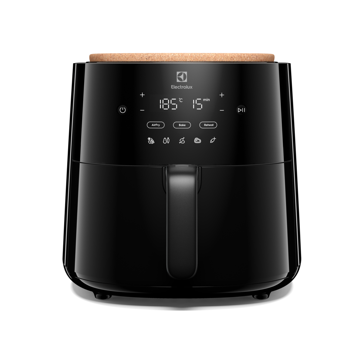 Czarna frytkownica z korkową pokrywką, wyświetlacz cyfrowy pokazuje 185 stopni i 15 minut.