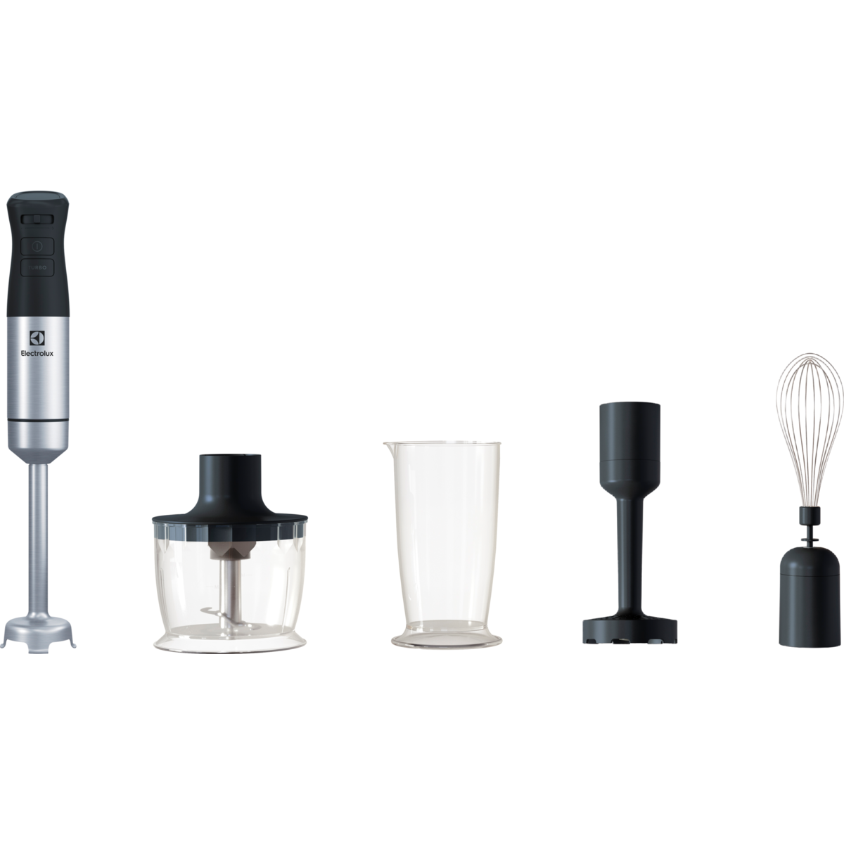 Staafmixer met accessoires: hakmolen, beker, garde.