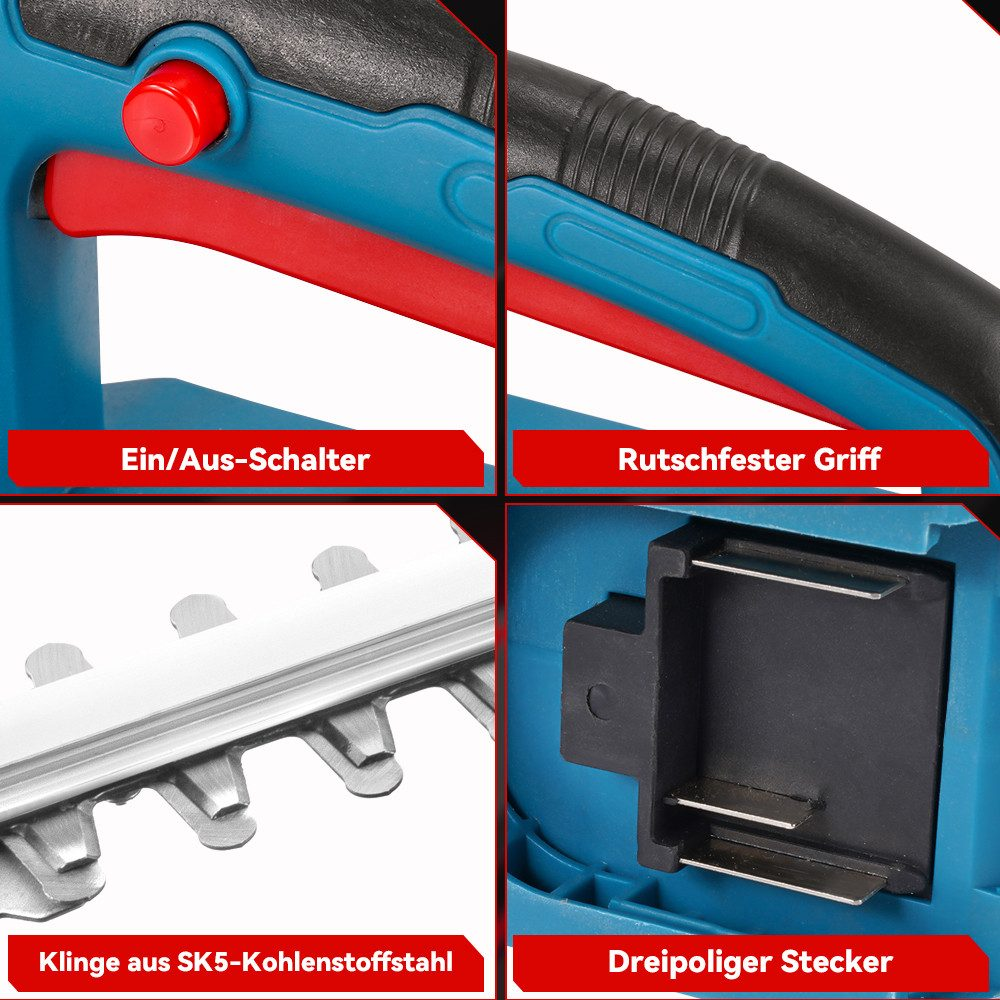 Nahaufnahme der Komponenten einer Heckenschere, die Schalter, Griff, Klinge und Stecker zeigt.