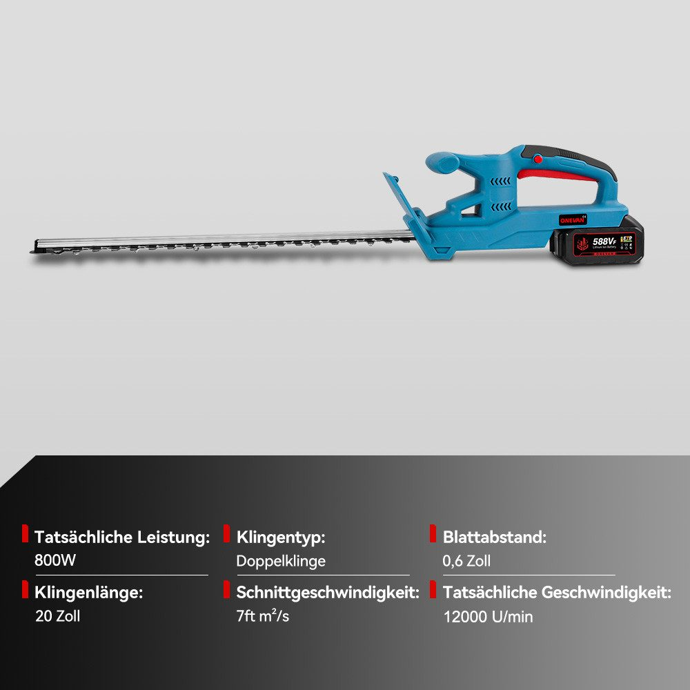 Eine türkisfarbene Akku-Heckenschere mit langem Messer und Akkupack.