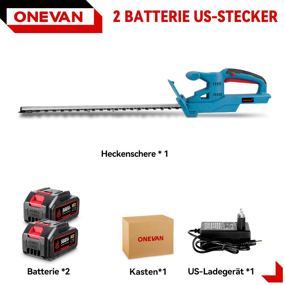 Türkisfarbene Heckenschere, Batterien, Kasten und Ladegerät auf weißem Hintergrund.