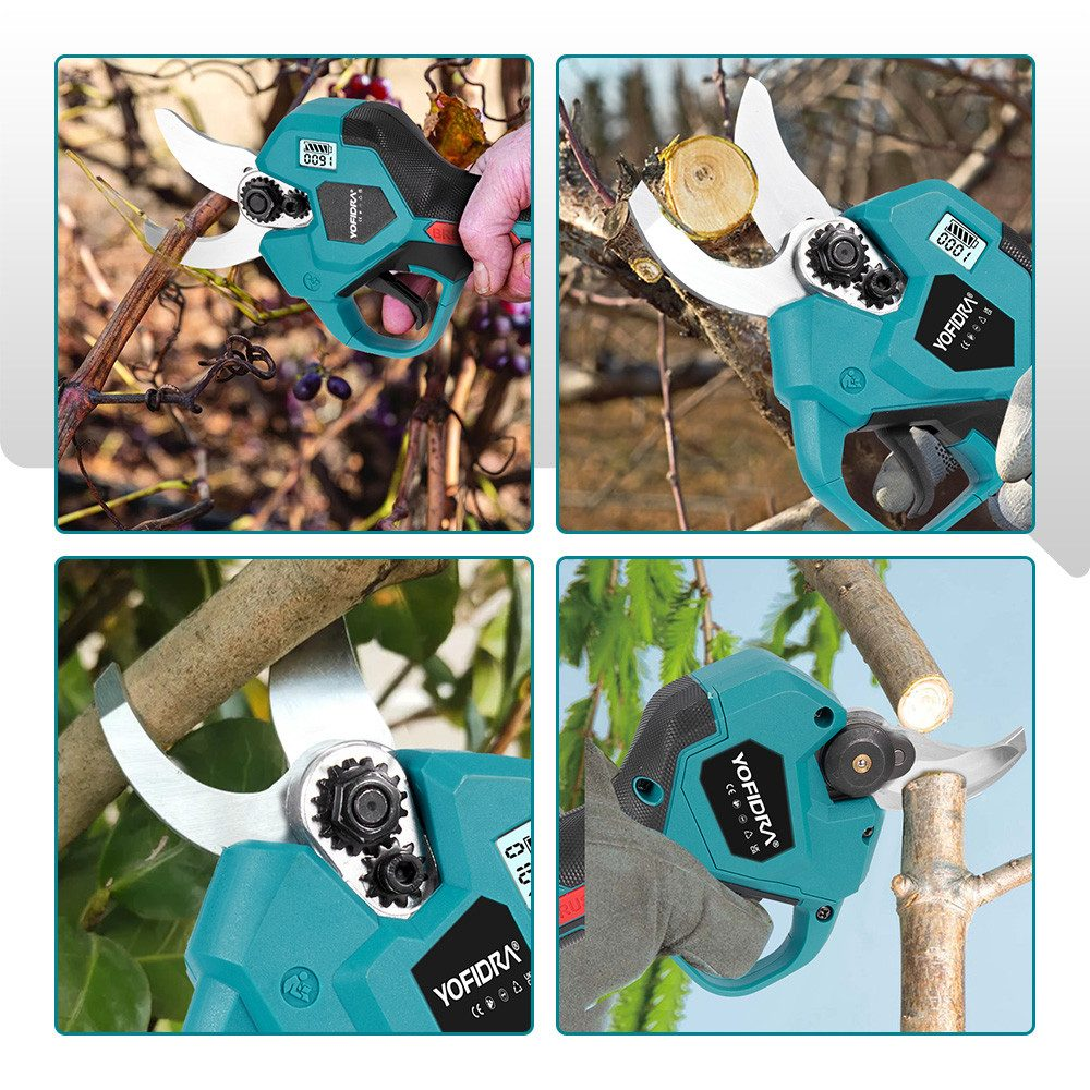Cuatro imágenes muestran podadoras eléctricas verde azulado cortando ramas y uvas en jardines.