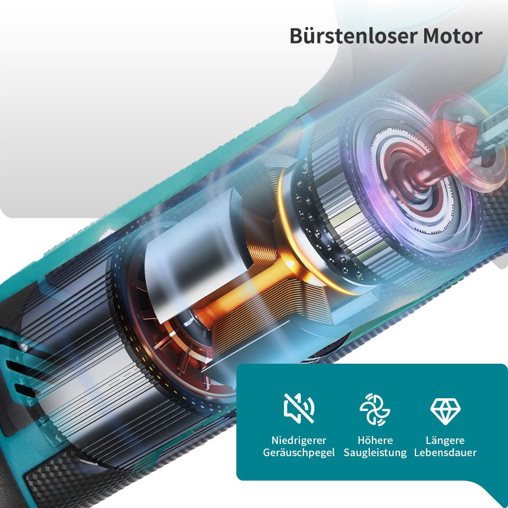 Un primer plano muestra el funcionamiento interno de un motor de podadora eléctrica verde azulado, con detalles del producto.