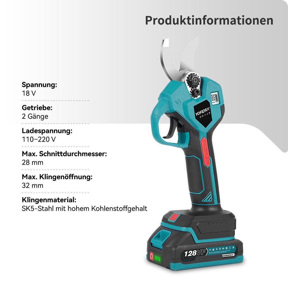 Text und Bild beschreiben die Spezifikationen der türkisfarbenen elektrischen Gartenschere, einschließlich Spannung und Klingenmaterial.