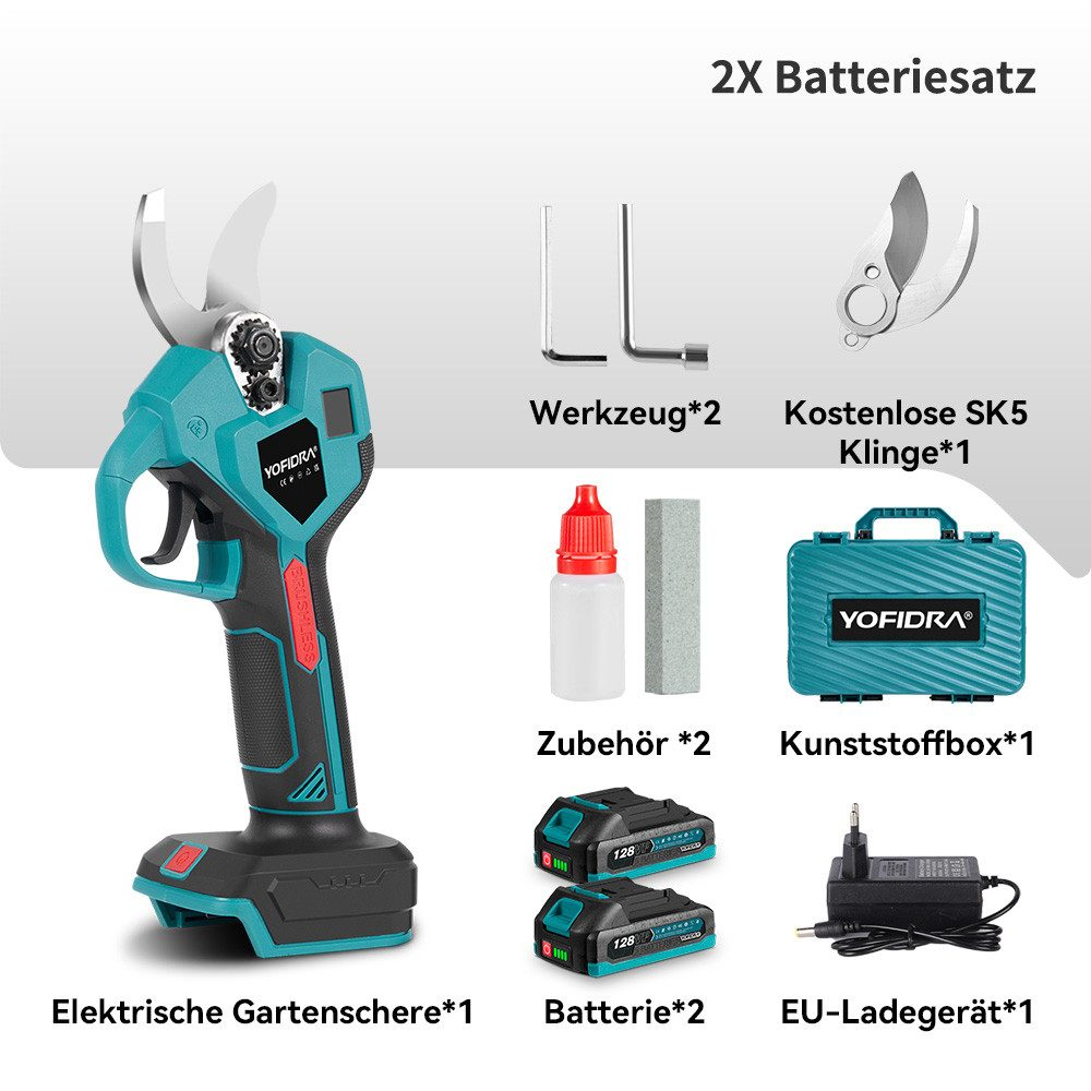 Eine Anordnung von türkisfarbenen elektrischen Gartenscheren und Zubehör, einschließlich Batterien, Werkzeugen und einem Koffer.
