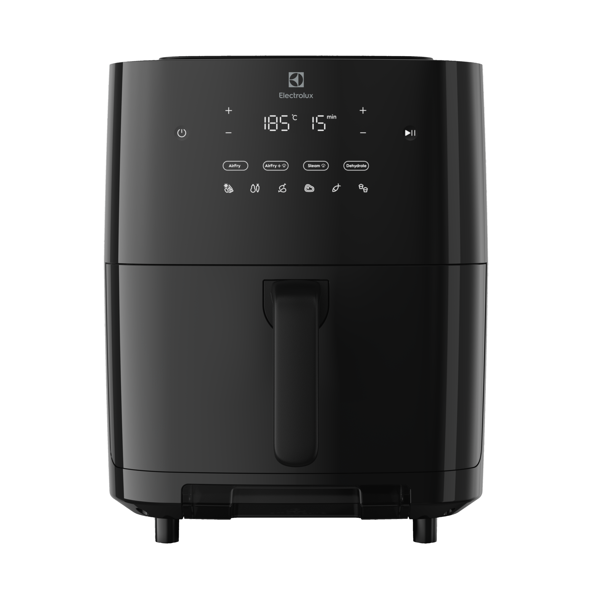 Wyświetlana jest czarna frytownica Electrolux z ustawieniami cyfrowymi i różnymi opcjami gotowania.