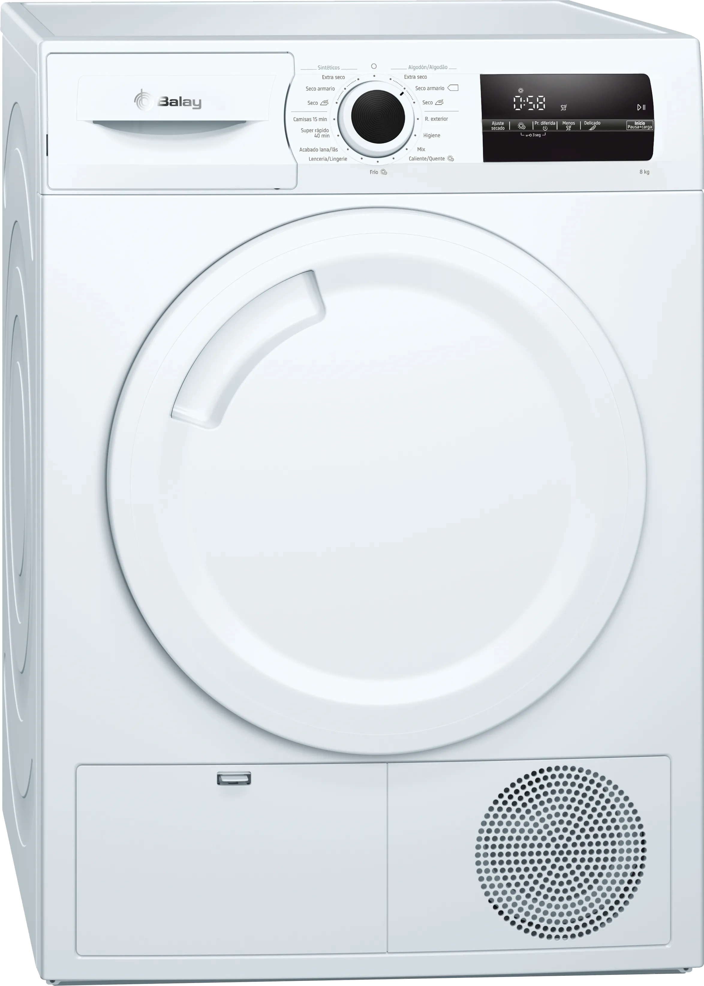 Una secadora blanca Balay de carga frontal con un panel de control en la parte superior y una puerta circular.
