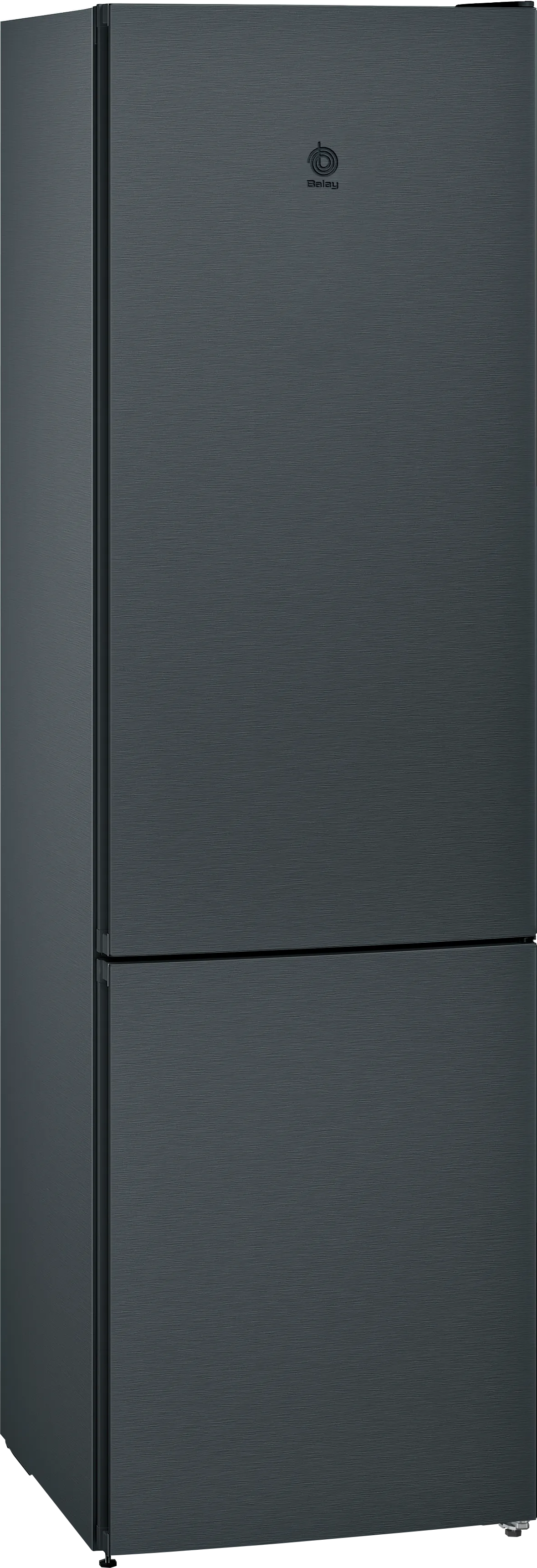 Un refrigerador Balay gris oscuro con dos puertas, la superior para el refrigerador y la inferior para el congelador.