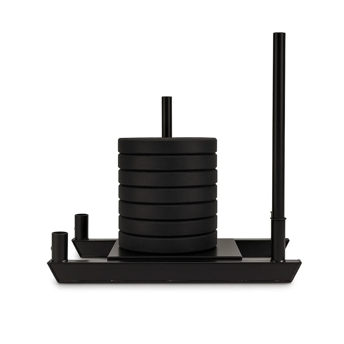A black weight sled with multiple weight plates stacked on it, positioned on a white background.