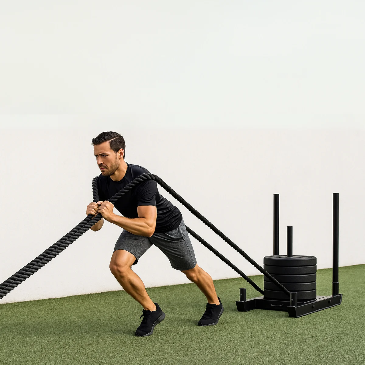 A man pulling a black weight sled with ropes on a green surface against a white wall.