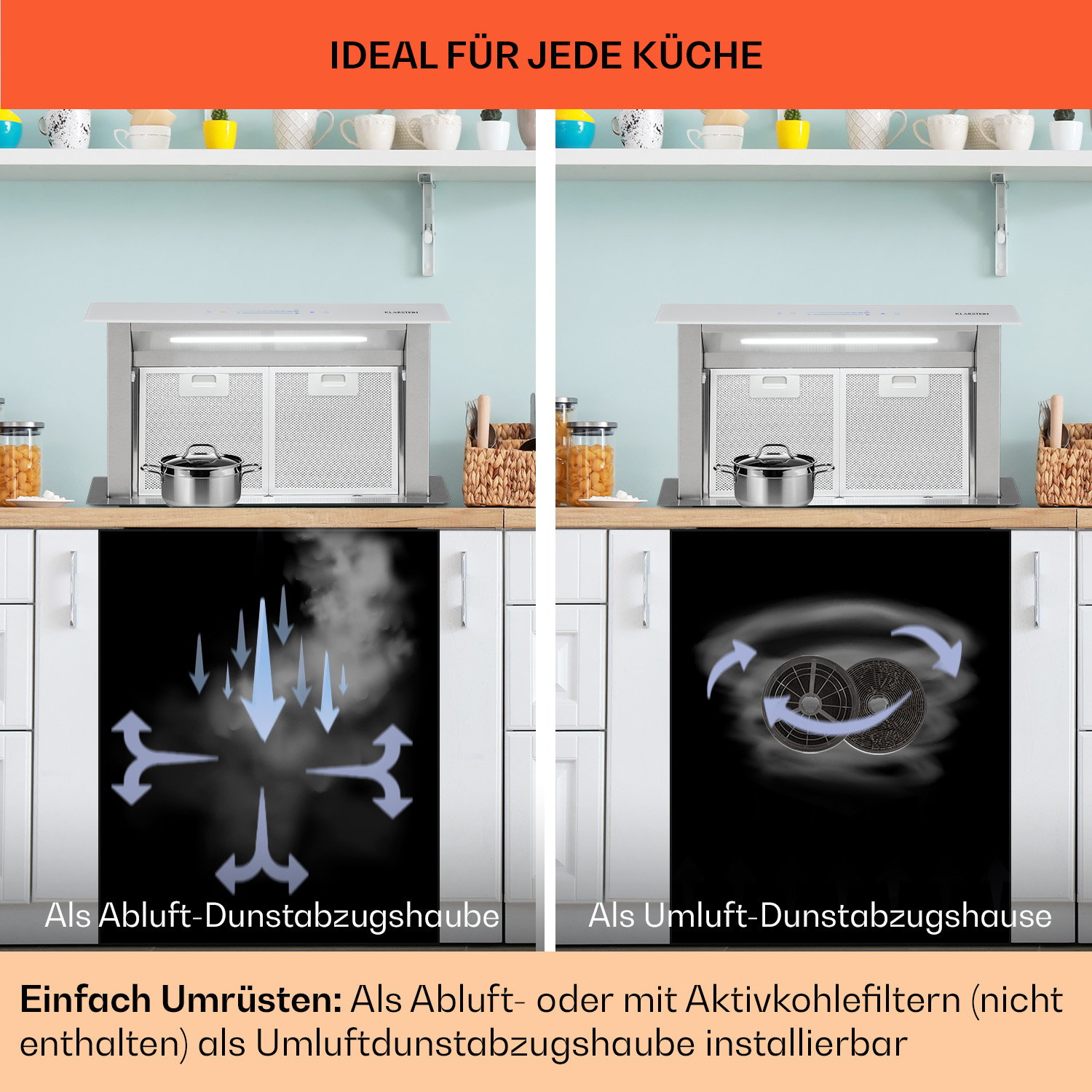 Due immagini mostrano una cappa aspirante da cucina con diagrammi che illustrano le sue caratteristiche di estrazione e circolazione dell'aria.
