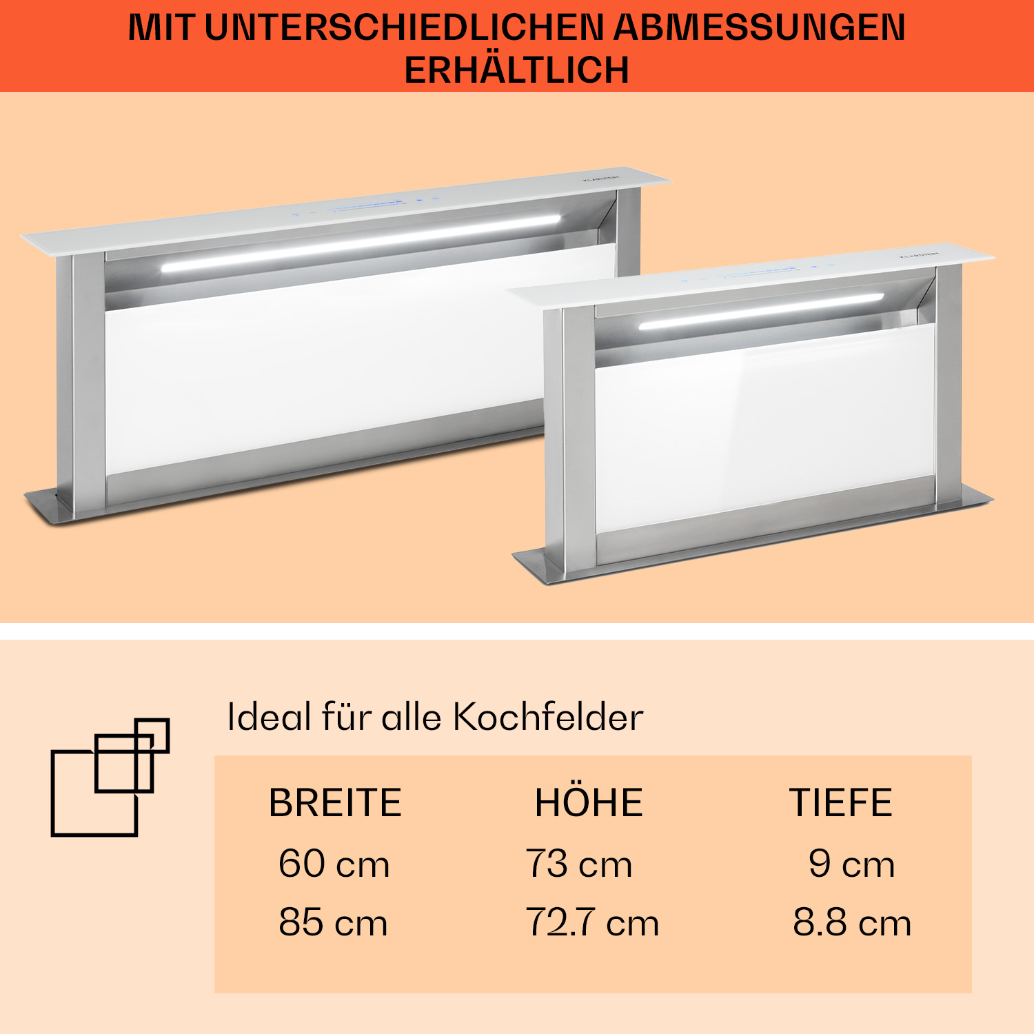 Due cappe aspiranti da cucina sono mostrate con le dimensioni elencate come Breite, Höhe, Tiefe.