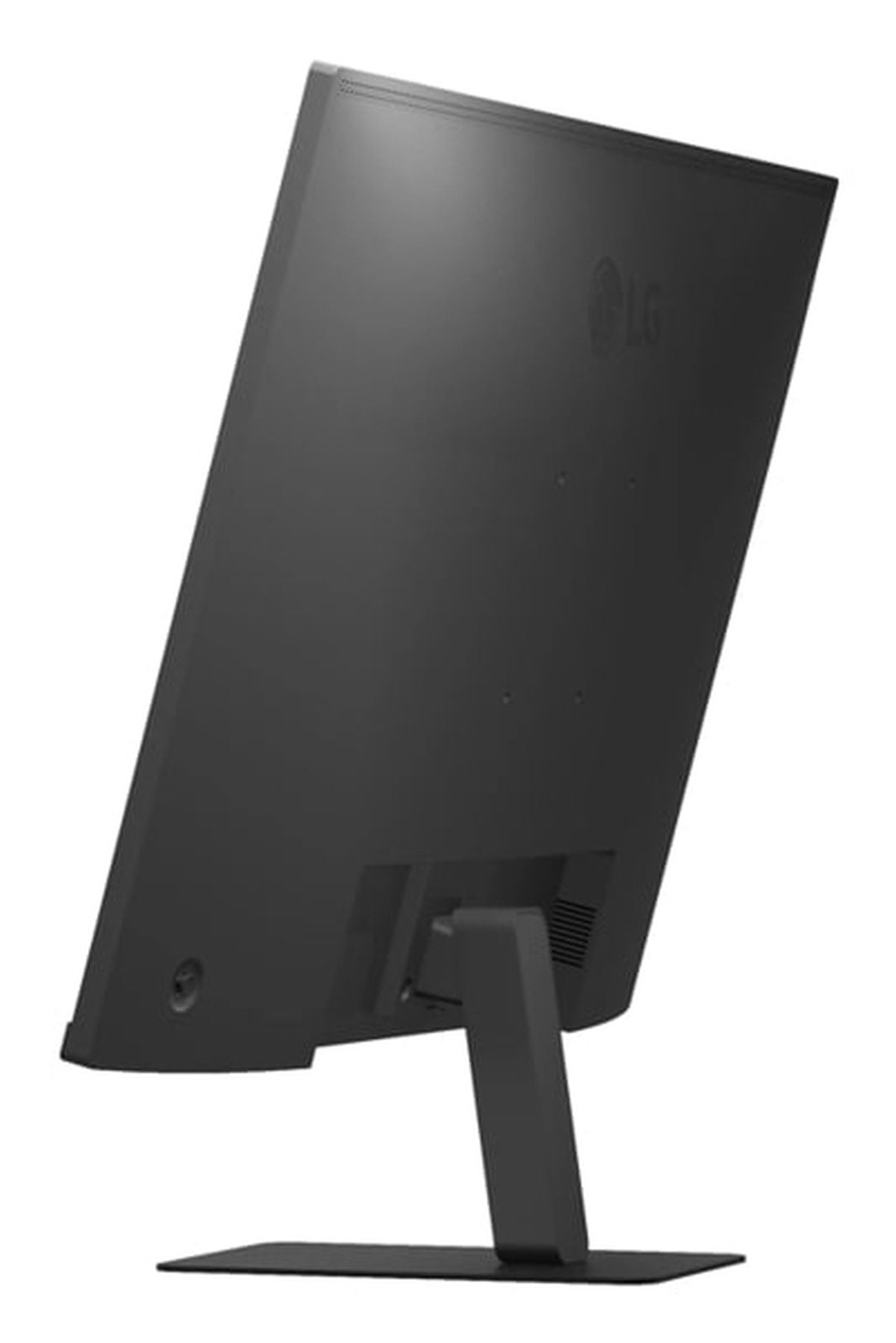 Widok z boku szarego monitora, pokazujący podstawkę i tylny panel.