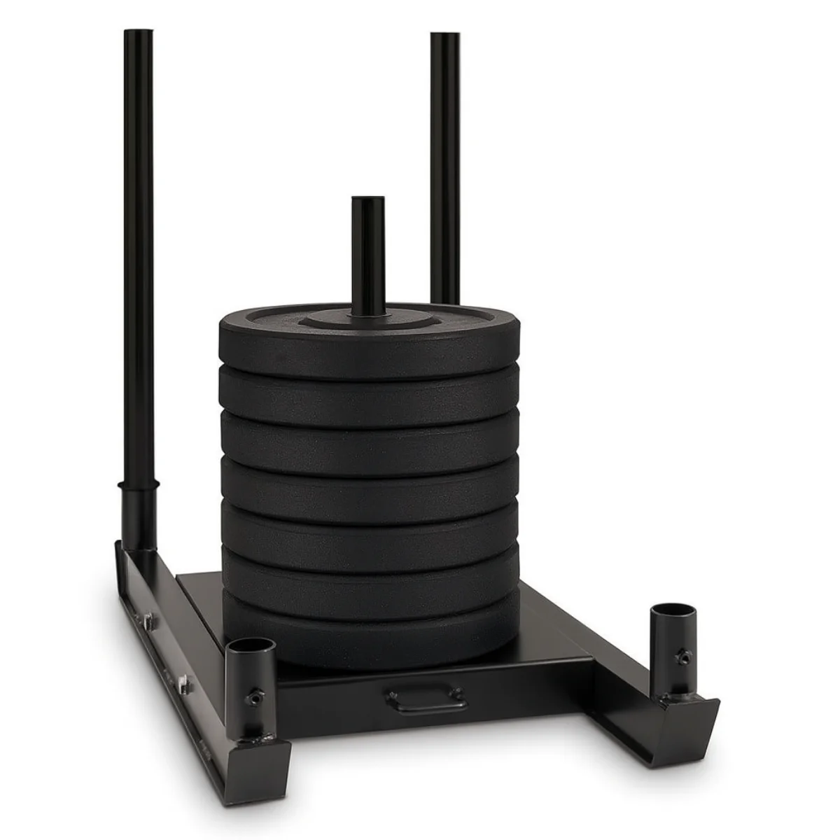 A black weight sled with multiple black plates stacked on a central post.