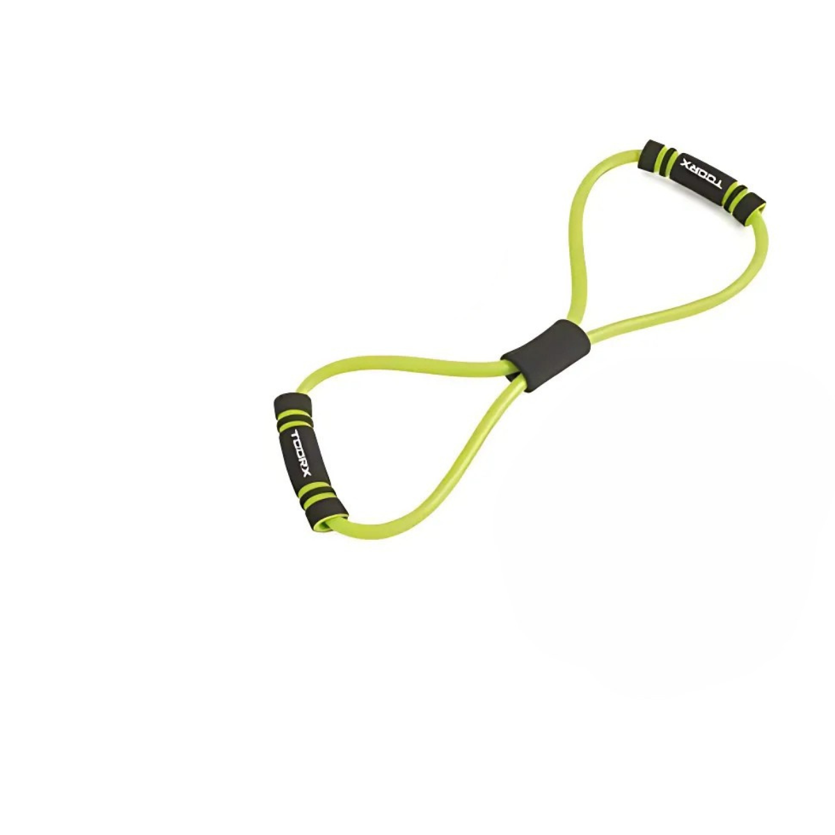 A green resistance band with black grips on a white background.