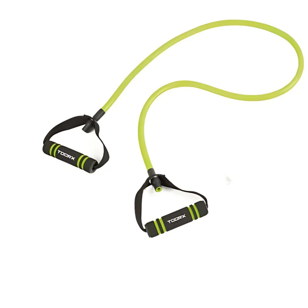 A green resistance band with black handles on a white background.