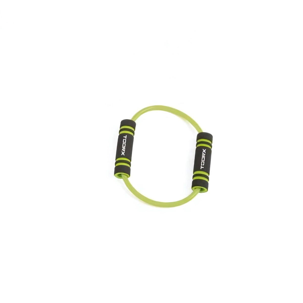 Green resistance band with black foam handles, lying on a white surface.