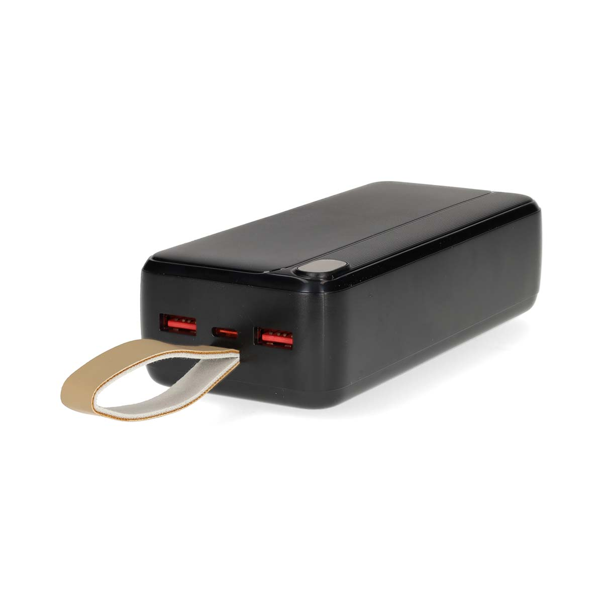 Black power bank with two red USB ports and a tan wrist strap on a white background.