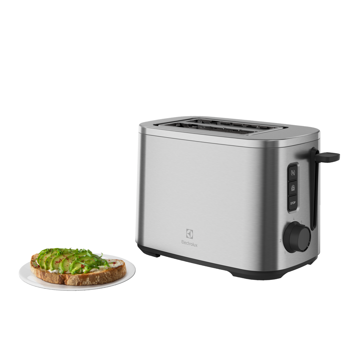 Silberner Toaster mit Avocado-Toast auf einem Teller. Der Toaster steht auf einer schwarzen Oberfläche vor dunklem Hintergrund.
