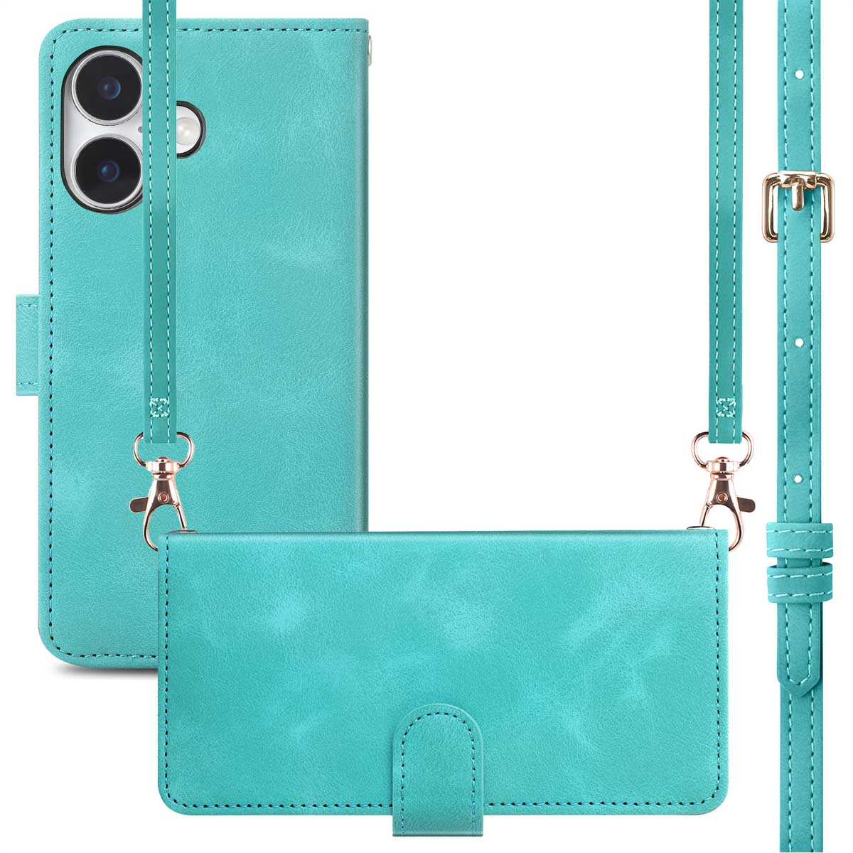 Teal portemonneehoes met riem voor telefoon, camera zichtbaar aan de achterkant.