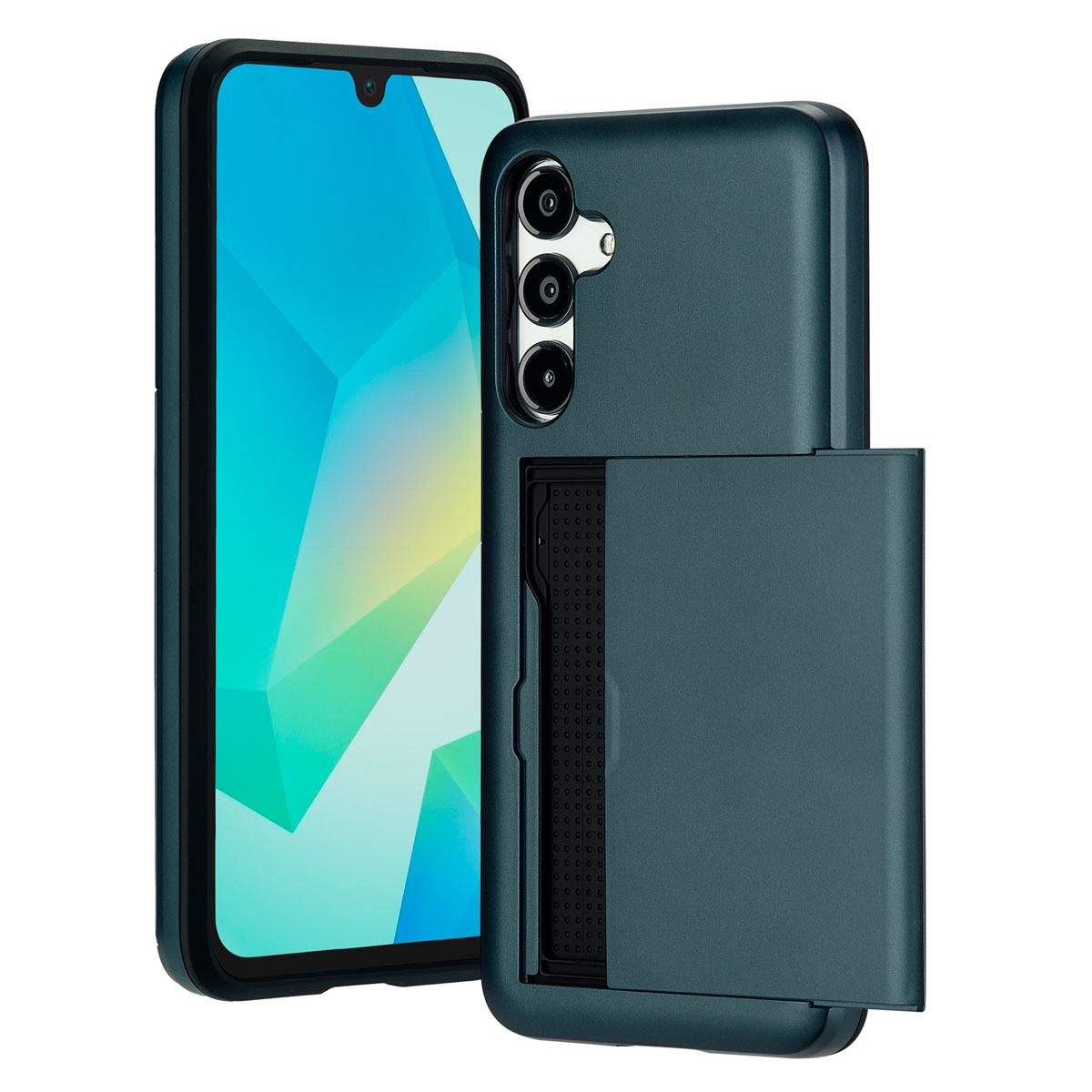 Teal telefoonhoesje met creditcardhouder op een witte achtergrond.