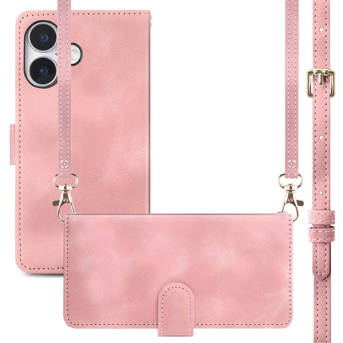 Roze portemonneehoes met riem voor telefoon, camera zichtbaar aan de achterkant.