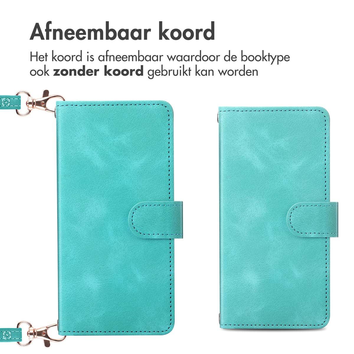 Turquoise telefoonhoes getoond met en zonder een afneembare lanyard, met weergave van het ontwerp.