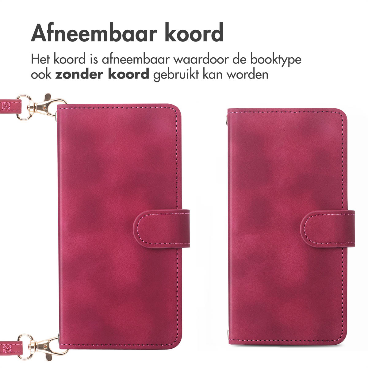Magenta telefoonhoes getoond met en zonder een afneembare lanyard, met weergave van het ontwerp.