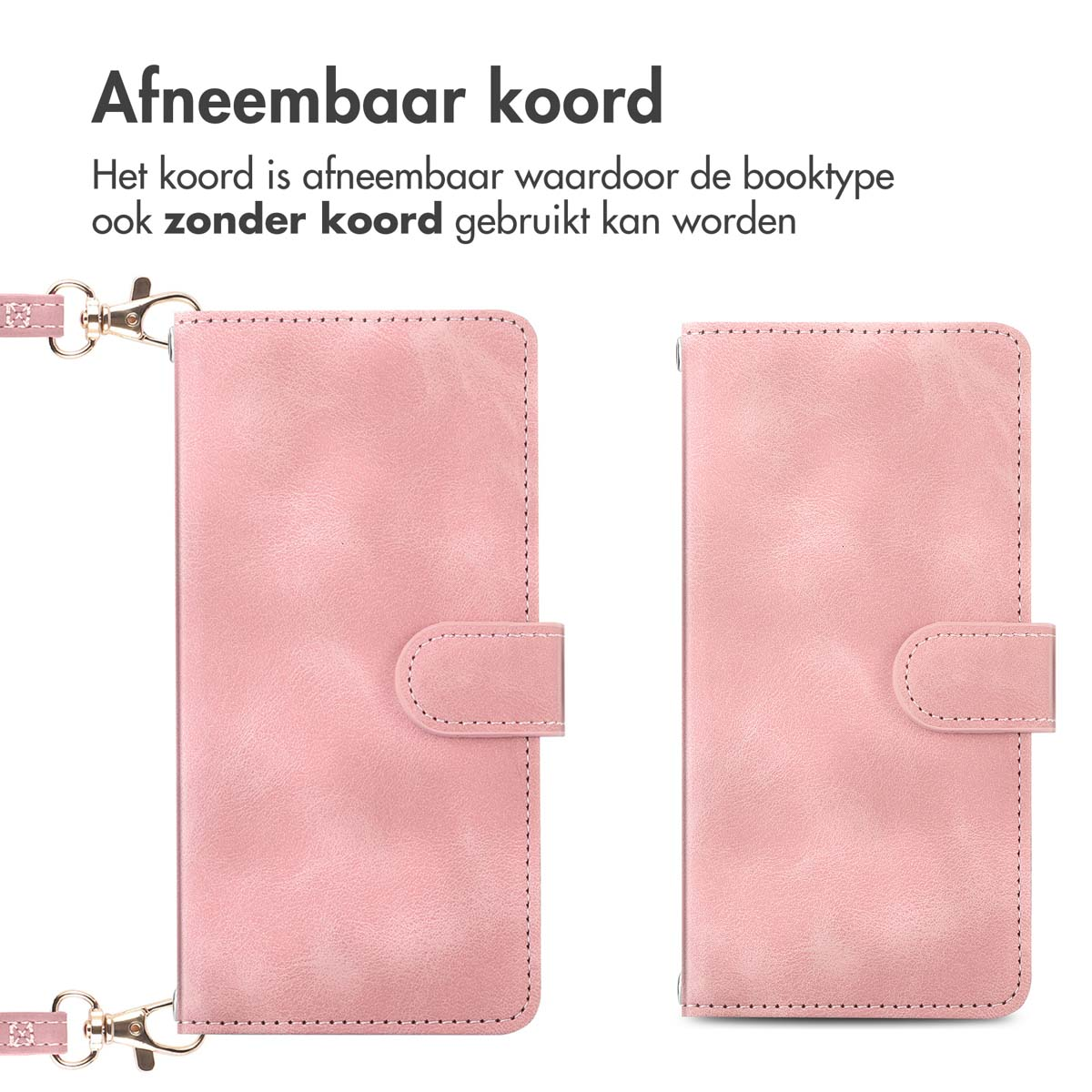 Roze telefoonhoes getoond met en zonder een afneembare lanyard, met weergave van het ontwerp.