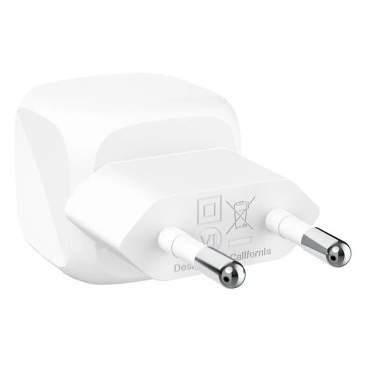 A white wall charger with two round pins is displayed against a white background.