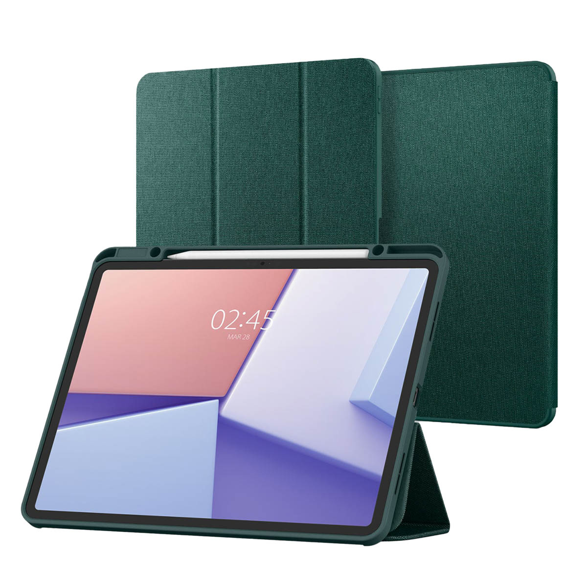 Green tablet case with a tablet displaying a geometric pattern on its screen.