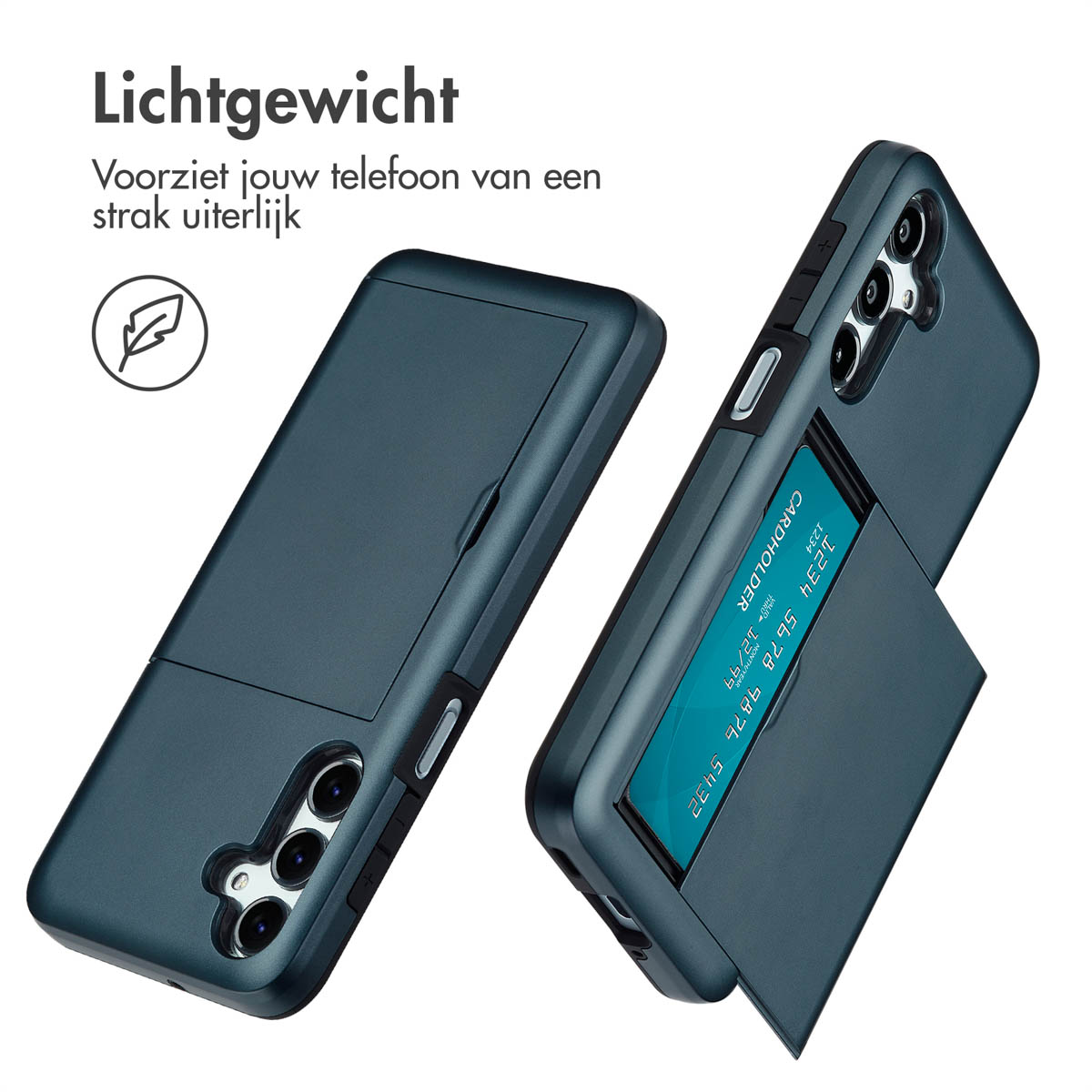 Donkerblauwe telefoonhoesjes met kaarthouders, met strakke ontwerpen en oplossingen voor kaartopslag.