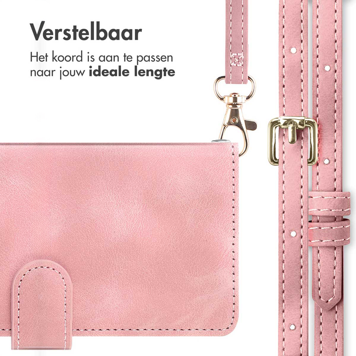 Roze telefoonhoes met verstelbare lanyard, met weergave van de details van de riem en de gesp.