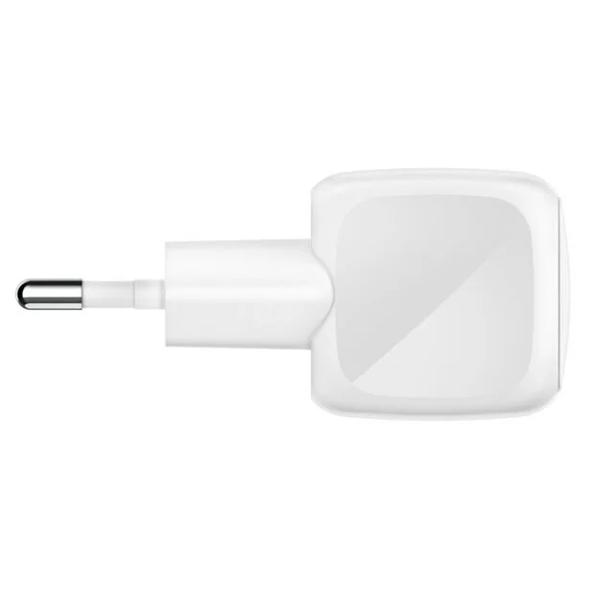 A white wall charger with prongs, isolated on a white background. The charger is small and rectangular.