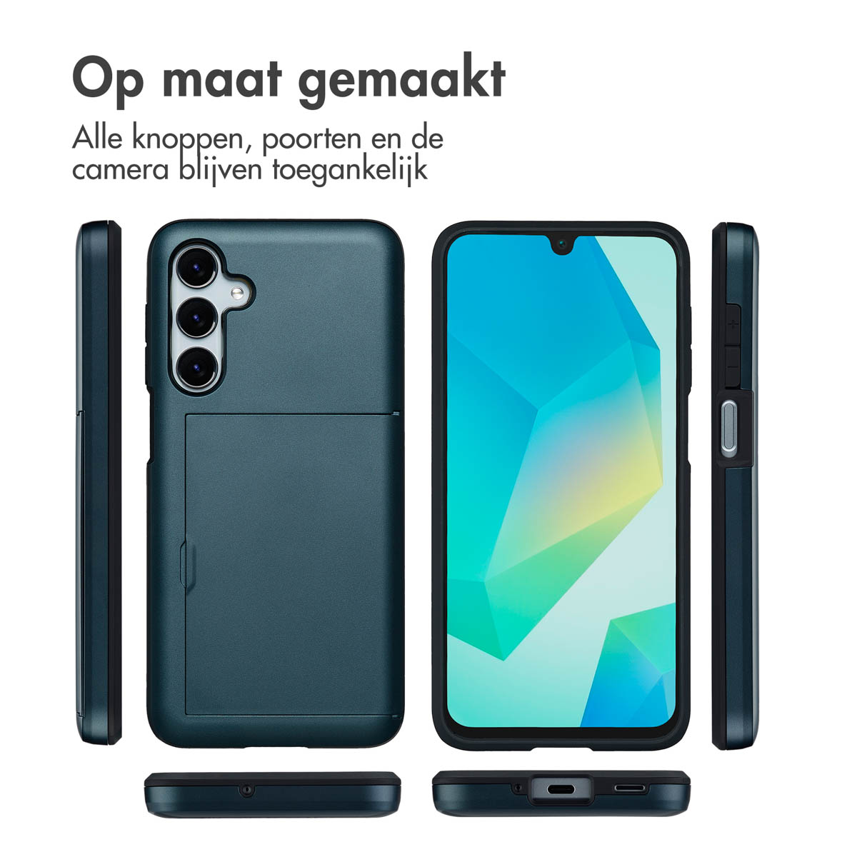 Een telefoonhoesje wordt vanuit meerdere hoeken getoond, waarbij het slanke ontwerp en de kaartsleuffunctie worden benadrukt.