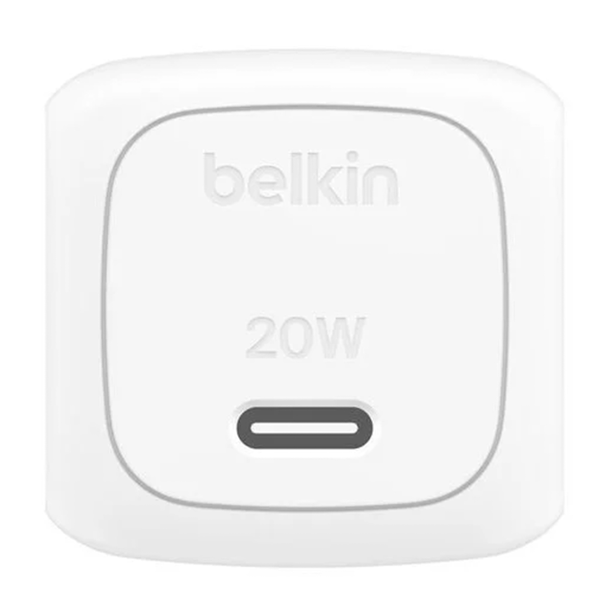 A white Belkin 20W USB-C wall charger is shown against a white background. It has rounded corners.