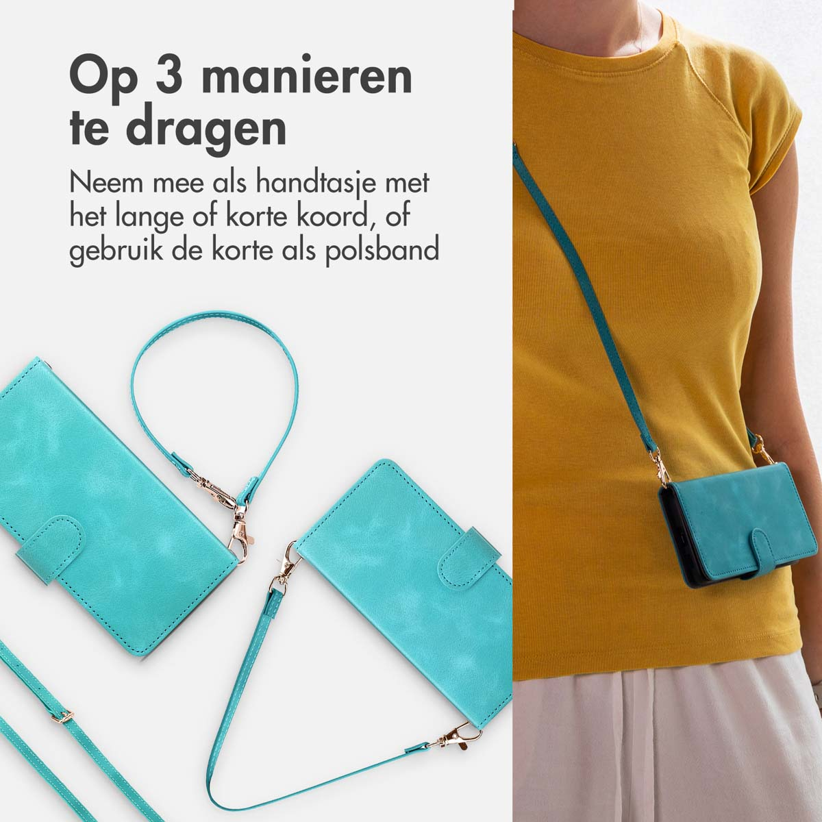 Een persoon in het geel houdt een blauwgroene telefoonhoes vast met riemen. Er worden nog twee hoesjes weergegeven.