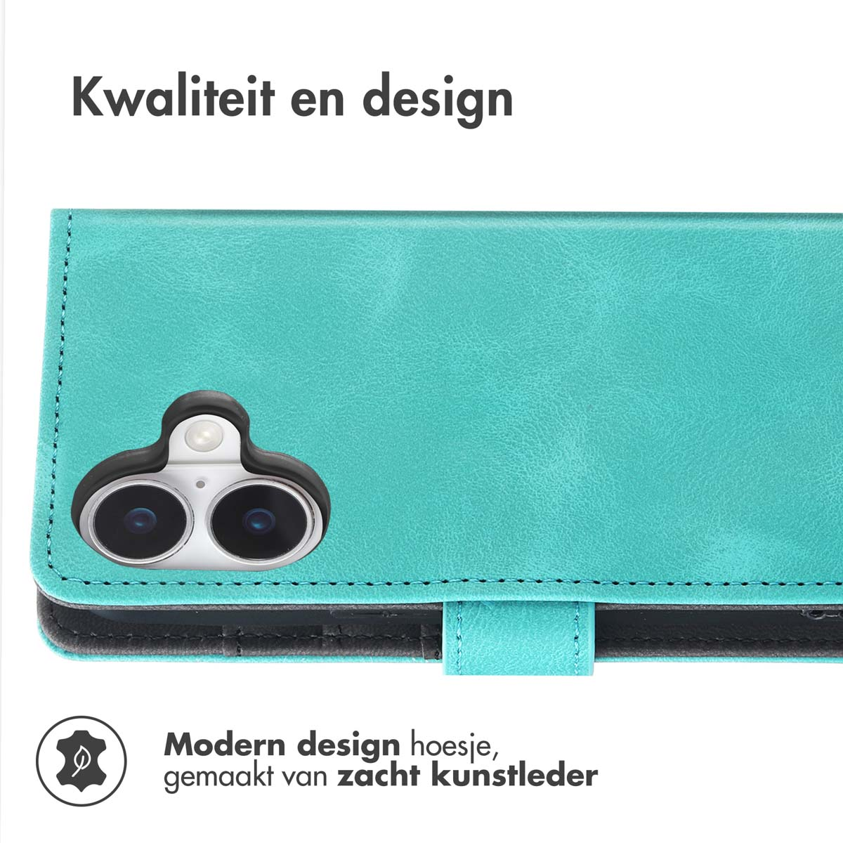 Turquoise telefoonhoes met portemonnee functie, die de camera en leertextuur laat zien.