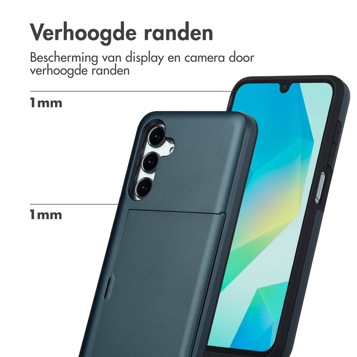 Telefoon in een donker blauwgroene hoes met kaartsleuven, die de verhoogde randen benadrukt voor schermbescherming.