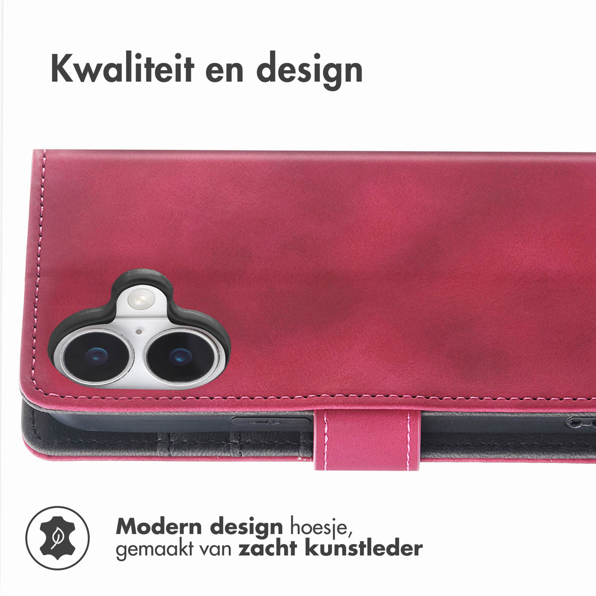 Bordeauxrode telefoonhoes met portemonnee, die de camera en leertextuur laat zien. Close-up.