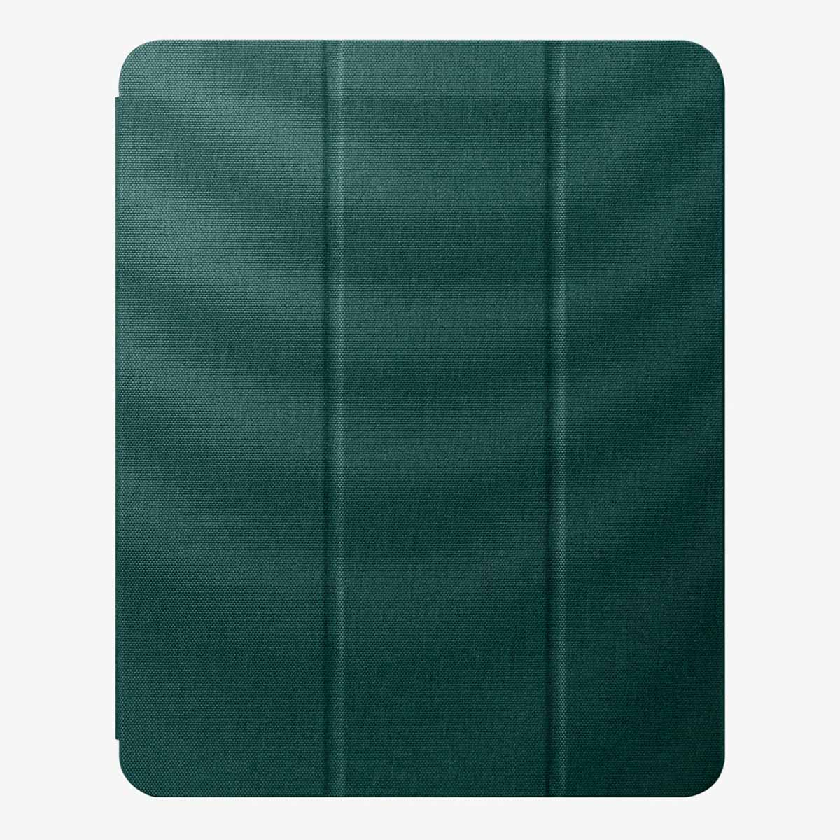 Dark green tablet cover with a textured surface, featuring a trifold design.